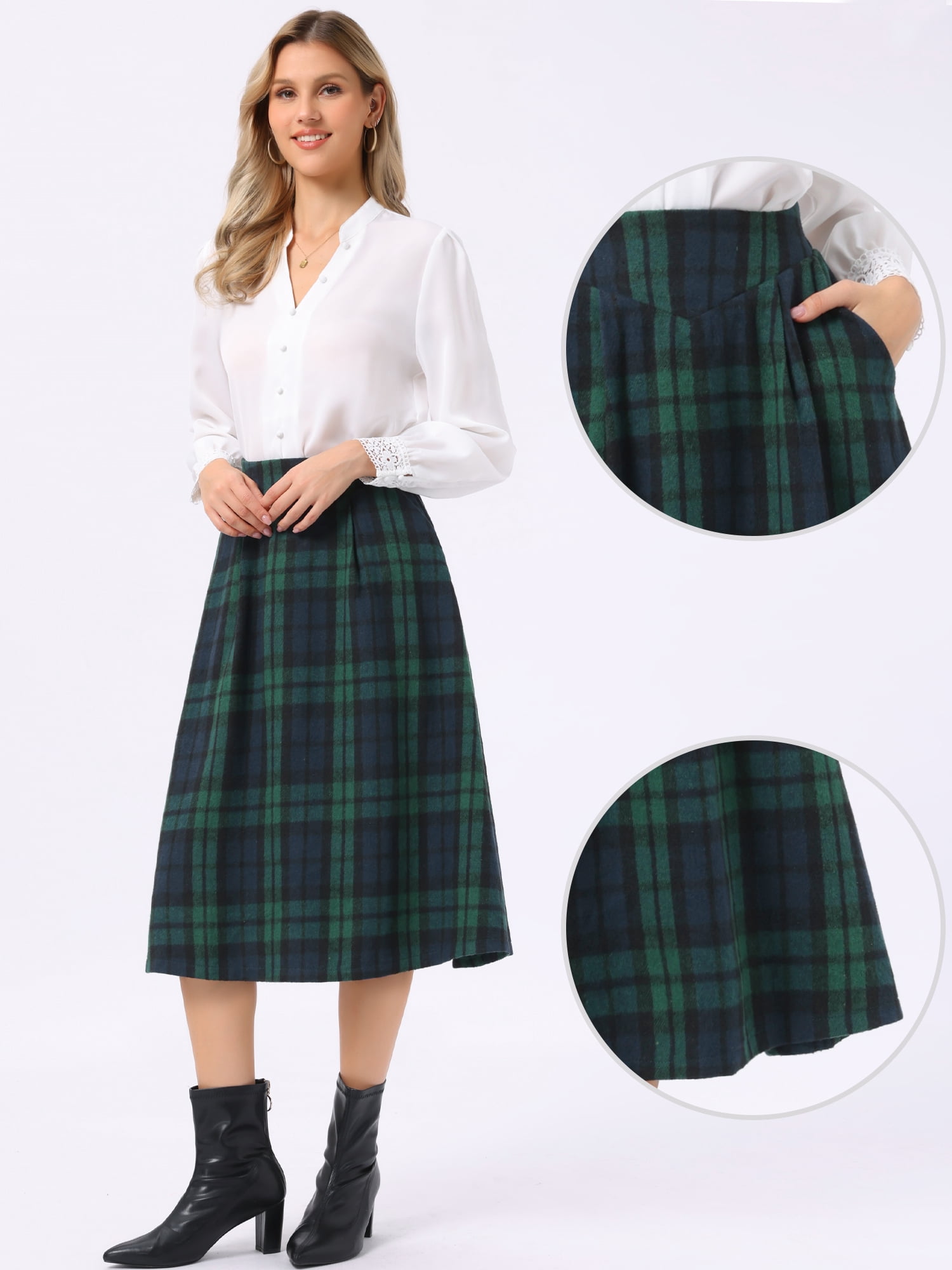DARING DIVA Women's Midi A-Line Pleated Skirts with Pockets X-Large Dark Green
