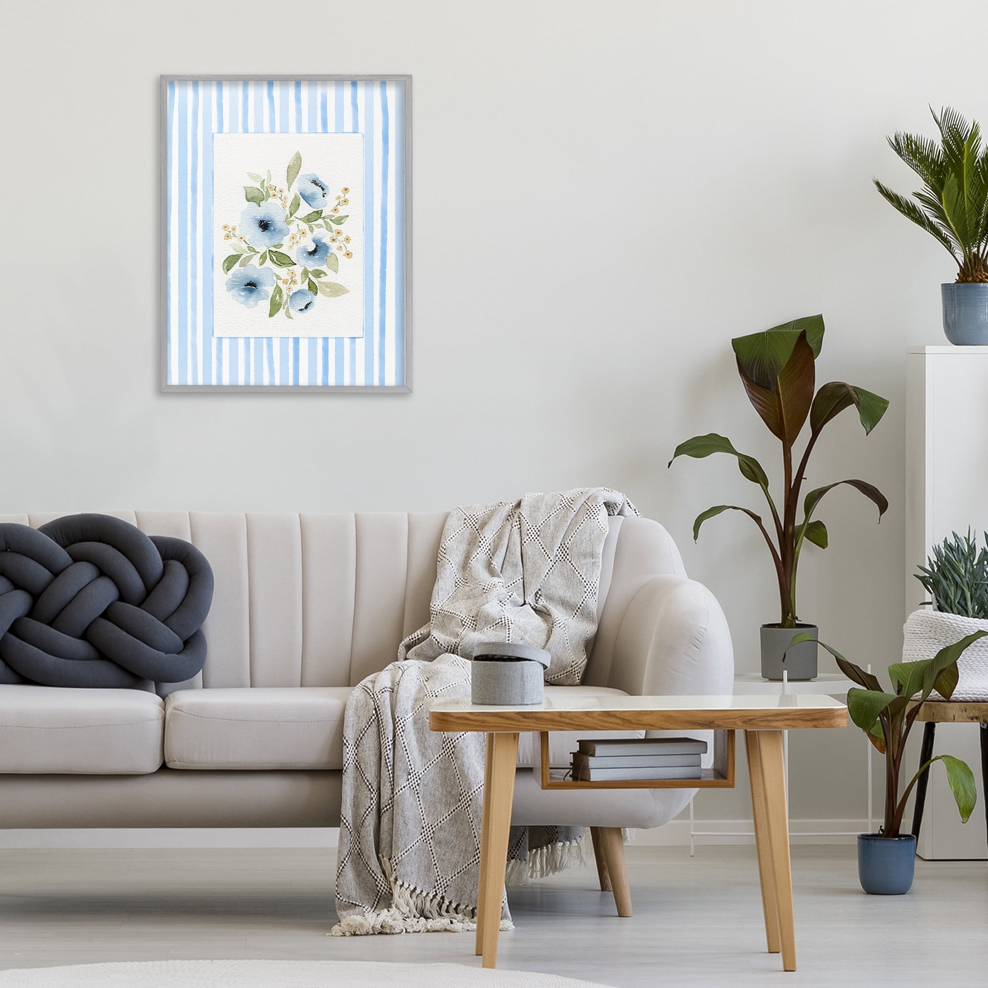 Stupell Industries Flowers with Blue Stripes Gray Framed Giclee Art, design by Leah Noel Art