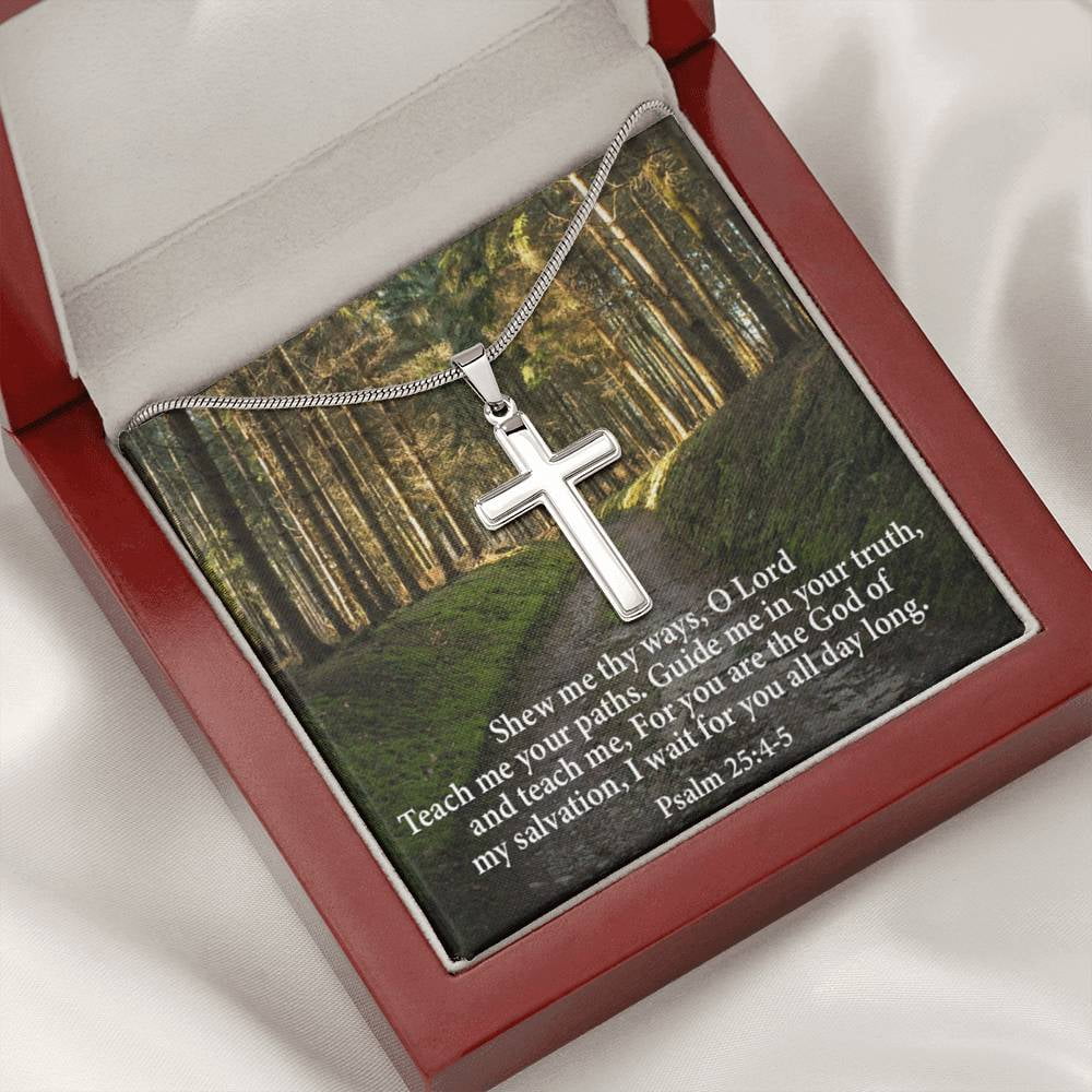 Scripture Card Baptism Psalm 25:4-5 Cross Necklace Faith Stainless Steel Pendant Religious
