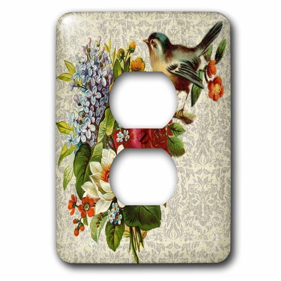 3dRose, Image of Vintage Lilac Flowers Red Rose And Bird On Damask, 2 plug outlet cover