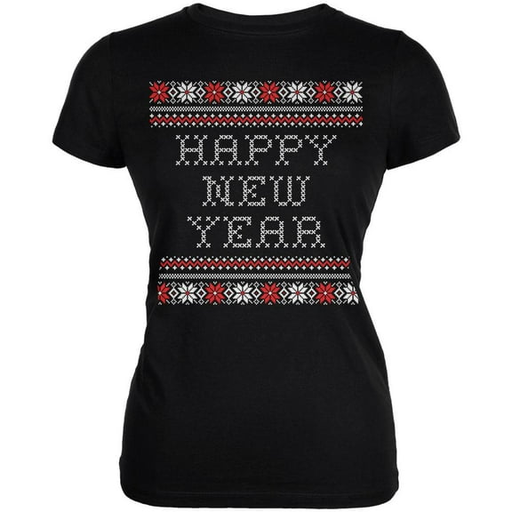 Happy New Year Ugly Christmas Sweater Black Juniors T-Shirt - Medium