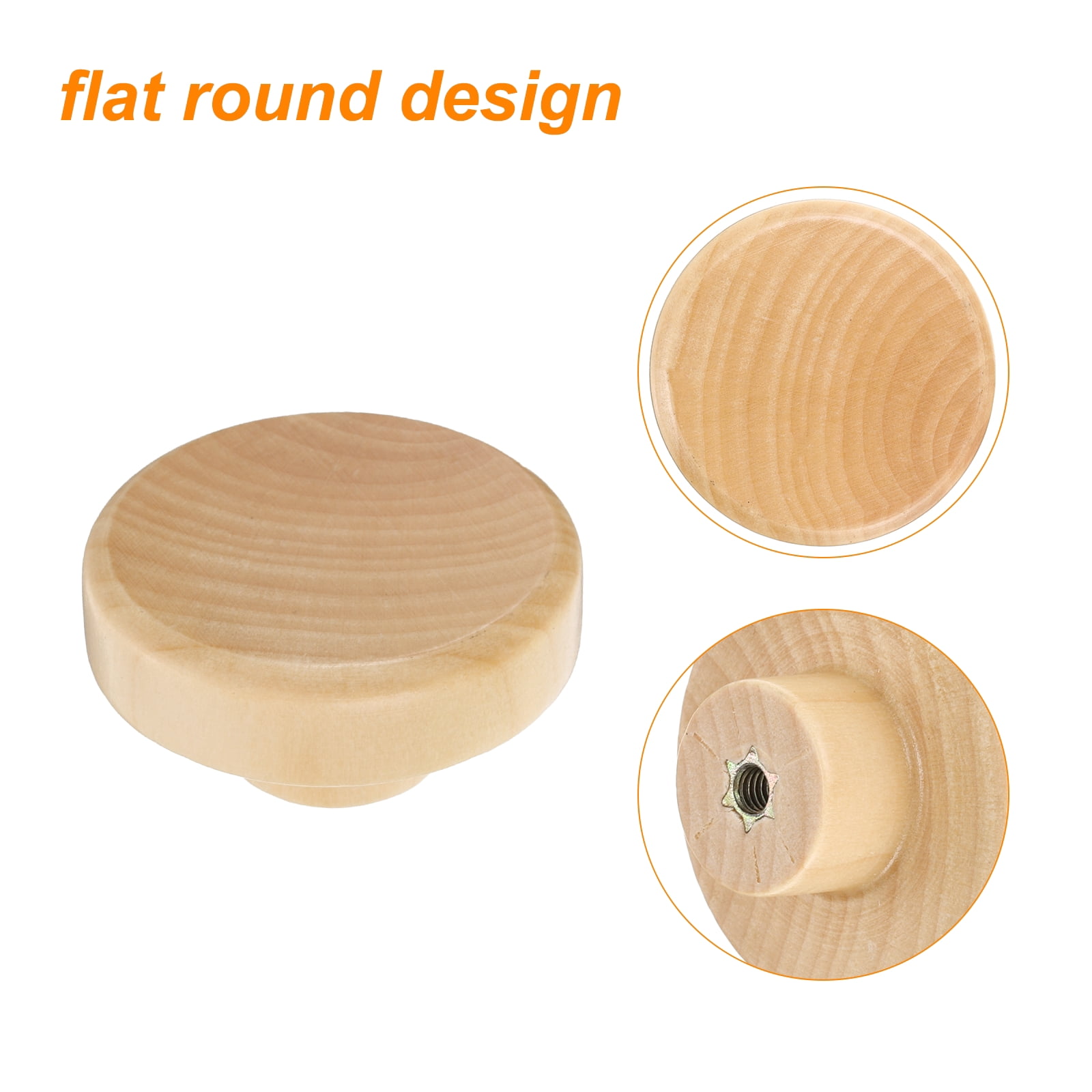 Unique Bargains 6Pcs Wood Knobs Wooden Flat Round Drawer Knobs Wood Color 1.5"
