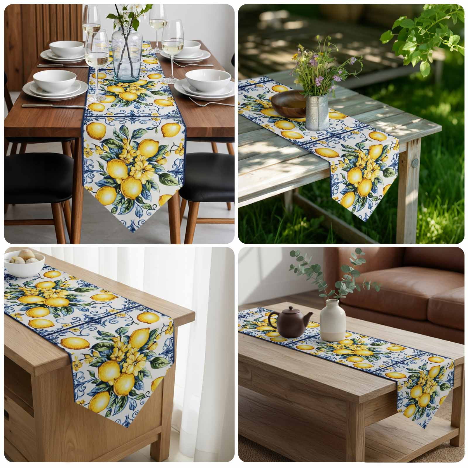 Yellow Lemon Table Runner Linen Burlap Table Runner 108 Inches Long Middle Century Blue Italian Textured Dresser Scarves for Kitchen Island Coffee Dining Room Party Holiday Decoration 13"x108"