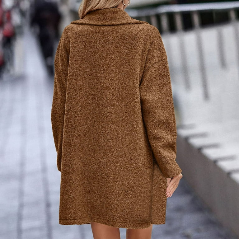Wreesh Womens Fuzzy Fleece Trench Coats Notched Lapel Pea Coat Solid Business Casual Overcoats Winter Wool Blend Long Coat Button Open Front Outerwear