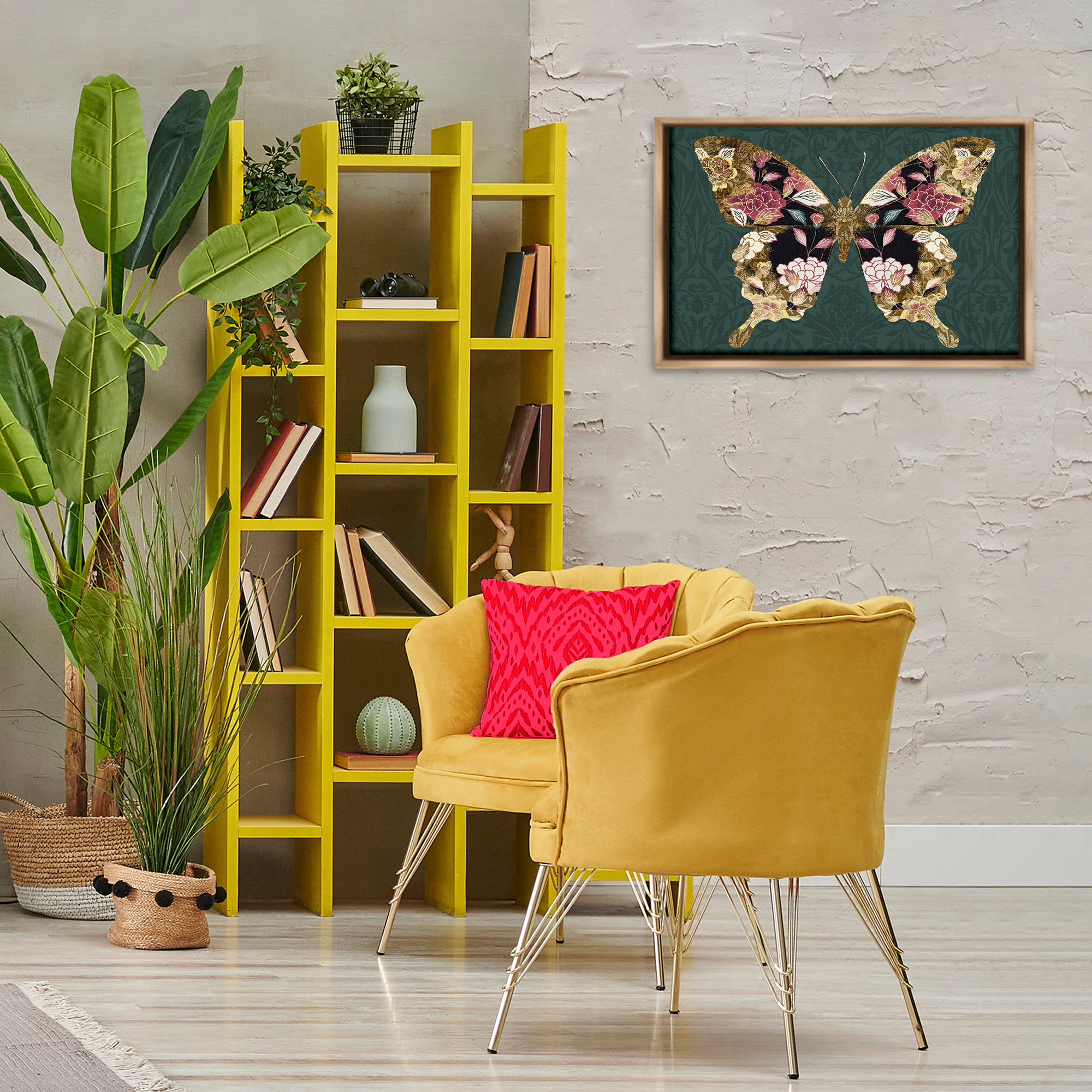Stupell Industries Rococo Butterfly Pattern Animals Painting Brown Floater Framed Canvas Art Print Wall Art, 25 x 17