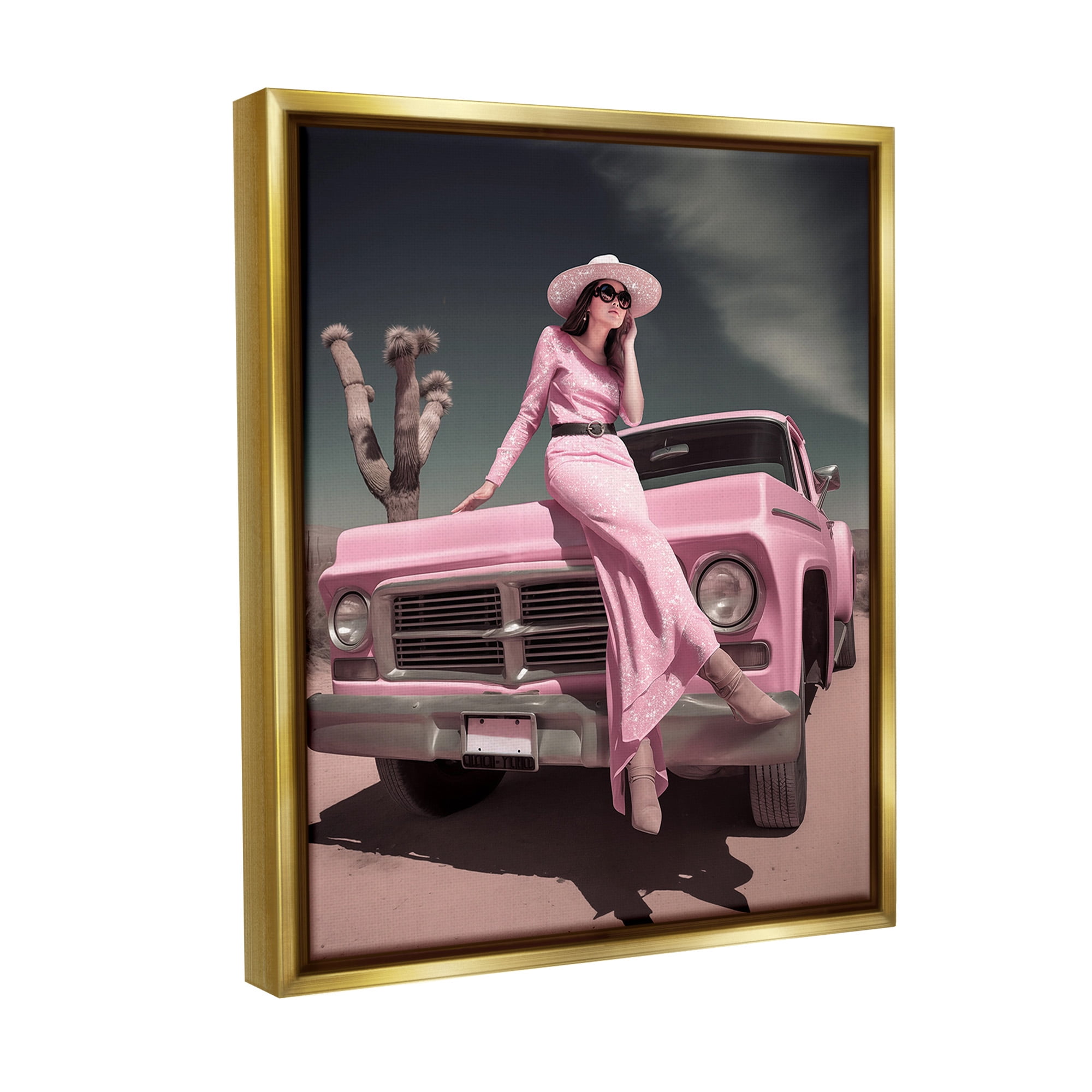 Stupell Industries Glam Woman in Desert Transportation Photography Gold Floater Framed Canvas Art Print Wall Art, 25 x 31