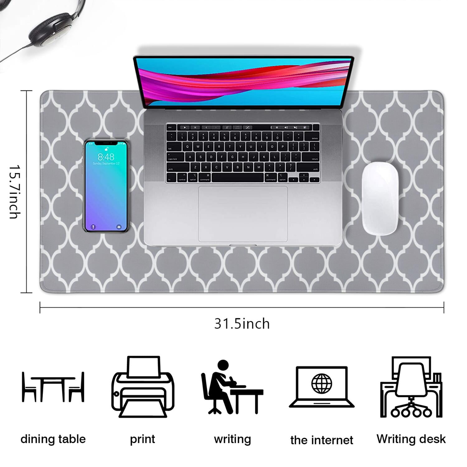 Long Mouse Pads for Desk,Gray Geometric Quatrefoil Pattern Desk Mats on Top Of Desks, Desk Mouse Pad Extra Large with 3mm Non-Slip Base and Stitched Edge for Gaming,Office,Work,Home 31.5"x15.7"