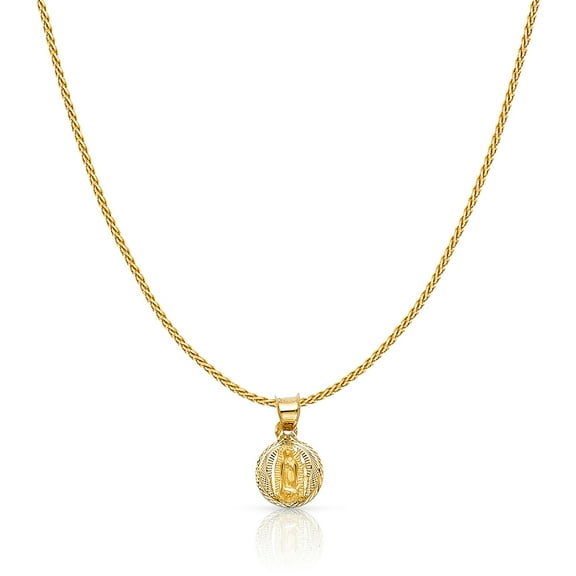 Ioka-14K Yellow Gold Diamond Cut Our Lady of Guadalupe Stamp Charm Pendant with 0.9mm Wheat Chain Necklace - 20"