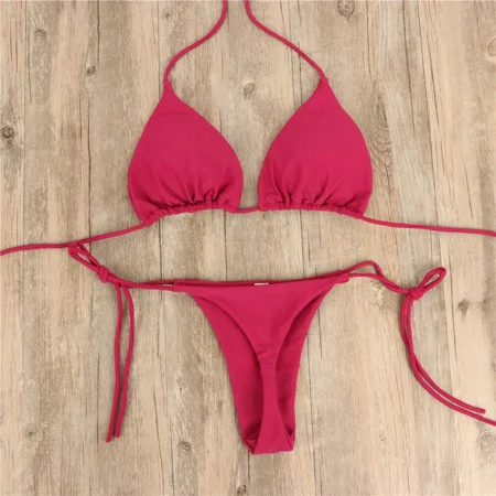 Women Tie Sexy Thong Bikini Set Side Swimsuit Bandage Style Brazilian Swimwear Split Strap Adjustable Solid Ladies Swimsuits Set