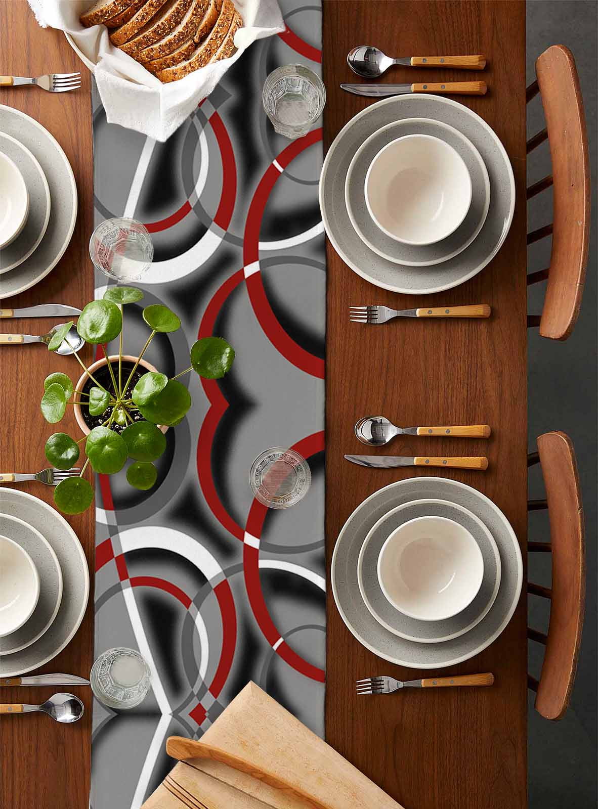 Grey Geometric Table Runner 72 Inches, Modern Abstract Black White Red Striped Bed Runner Dresser Scarves Tabletop for Indoor Outdoor Parties/Ceremony/Banquet, 16" x 72"