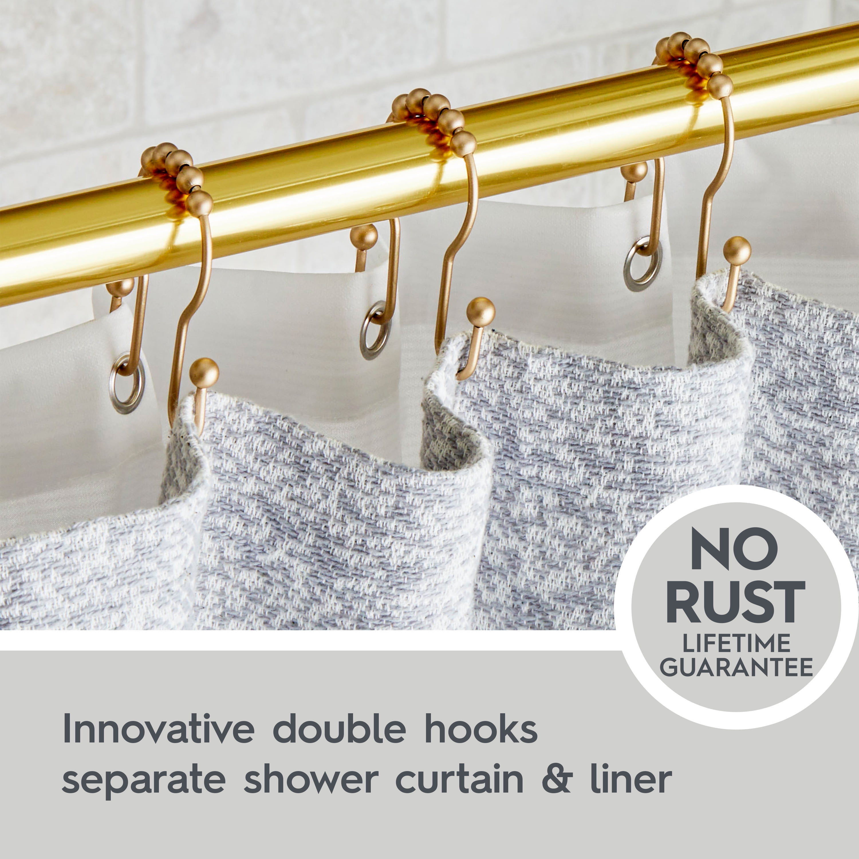 Better Homes & Gardens Rustproof Stainless Steel Double Easy Glide Shower Hooks, Brass, Set of 12