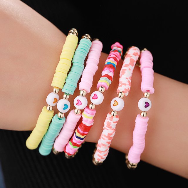 Juego de 6 pulseras de estilo étnico Pomisia, pulsera de cuentas de cerámica suave y colorida con amor para mujer