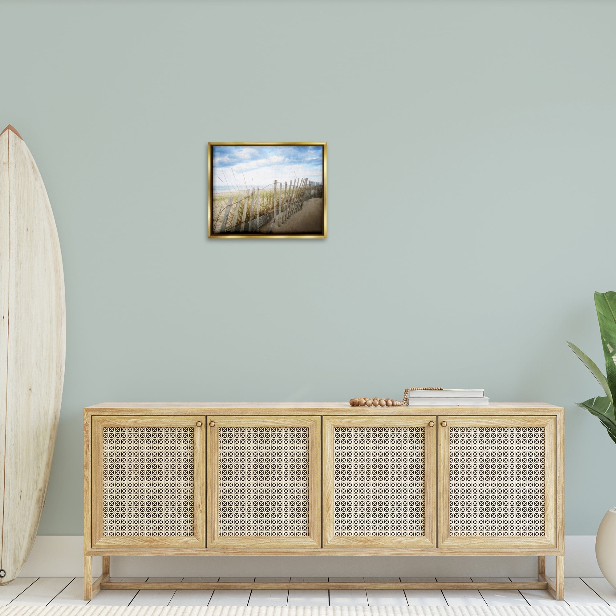 Stupell Industries Summer Beach Fence Landscape Painting Gold Floater Framed Canvas Art Print Wall Art, 21 x 17