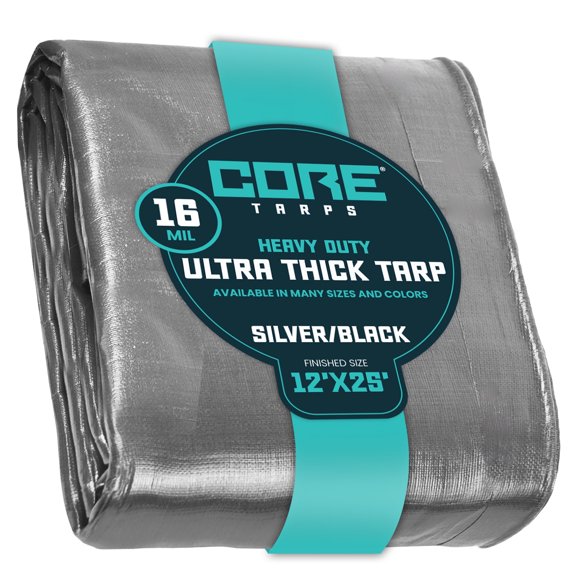 Core Tarps 16 Mil Heavy Duty Tarp Tarpaulin Waterproof Cover, Silver/Black 12′ X 25′Ft