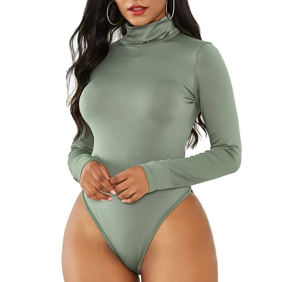 Women's Long Sleeve Bodysuit - Turtleneck, Slim Fit, Pure Color, High Elasticity, Snap Closure - Light Green, Size L