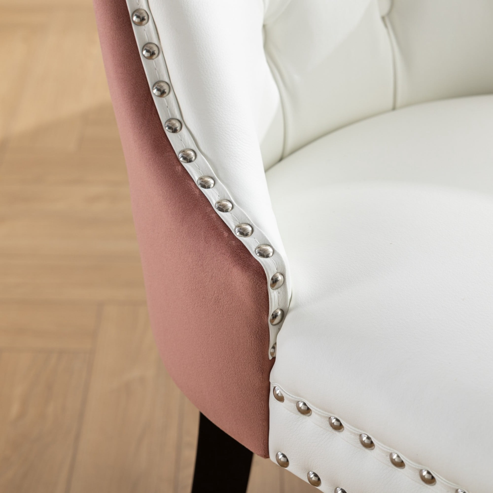 BSHTI 37.5-inch Modern Parson PU Leather and Velvet Upholstered Dining Chairs Set of 2 With Tufted Back, Nailhead Trim, Solid Rubberwood Legs for Dining Room(White+Pink)
