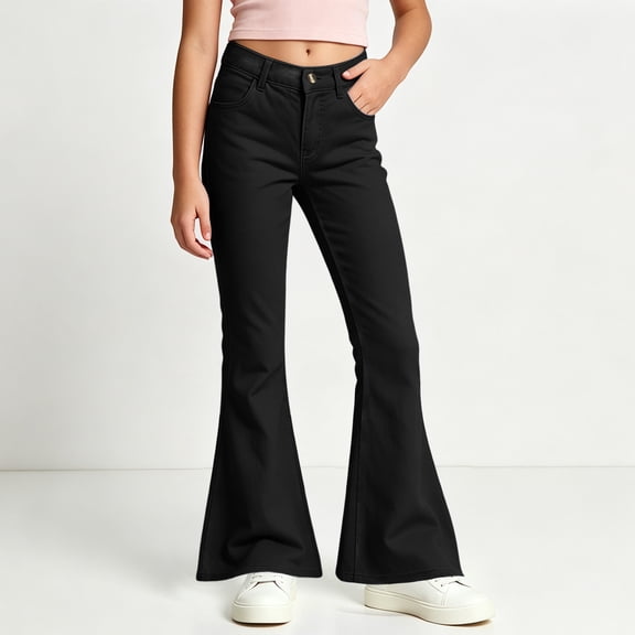 QIUOMBBP Black School Uniform Pants for Girls Button Front Flared Leg Dress Pant Preppy First Day Of School Outfits