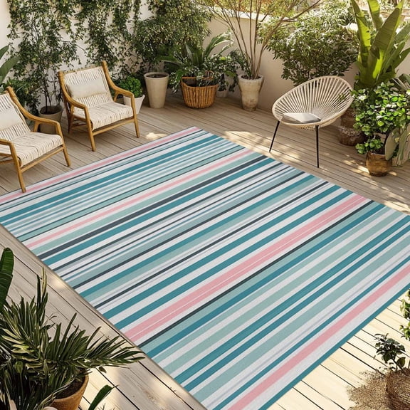 Colored Stripes Outdoor Rug for Patio/Deck/Porch, Non-Slip Large Area Rug 5 x 8 Ft, Modern Abstract Pink Blue Turquoise Lines Indoor Outdoor Rugs Washable Area Rugs, Camping Rug Carpet Runner