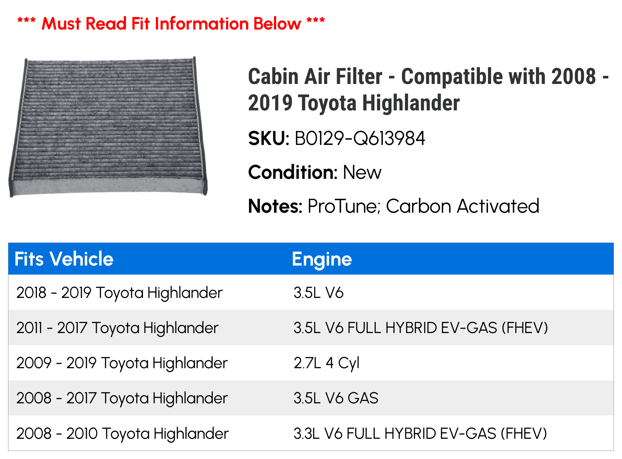 Engine and Cabin Air Filter For Toyota Highlander 2008-2013 Camry 2007-2011
