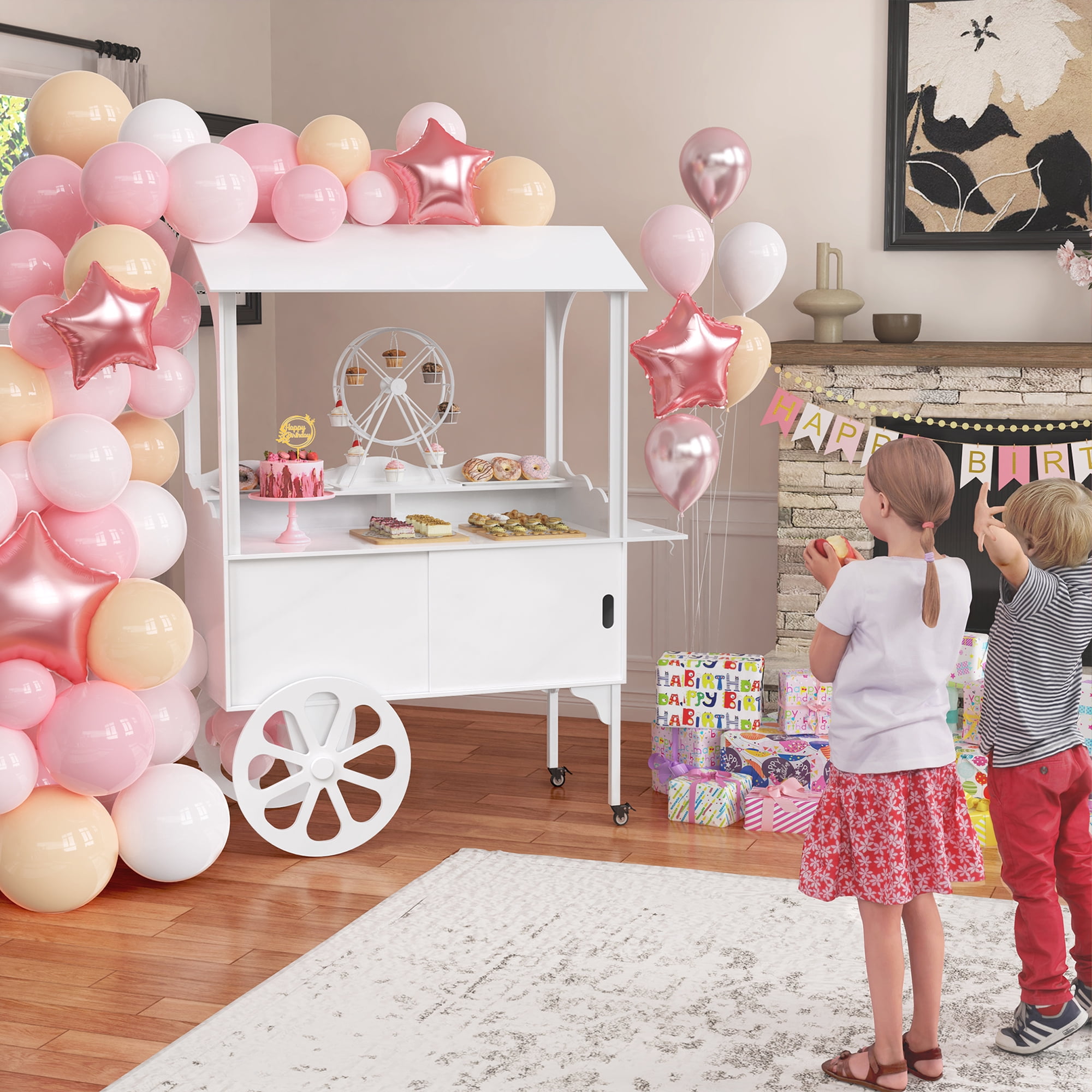 Candy Cart with Wheels for Party，Wood Dessert Cart with Storage Cabinet