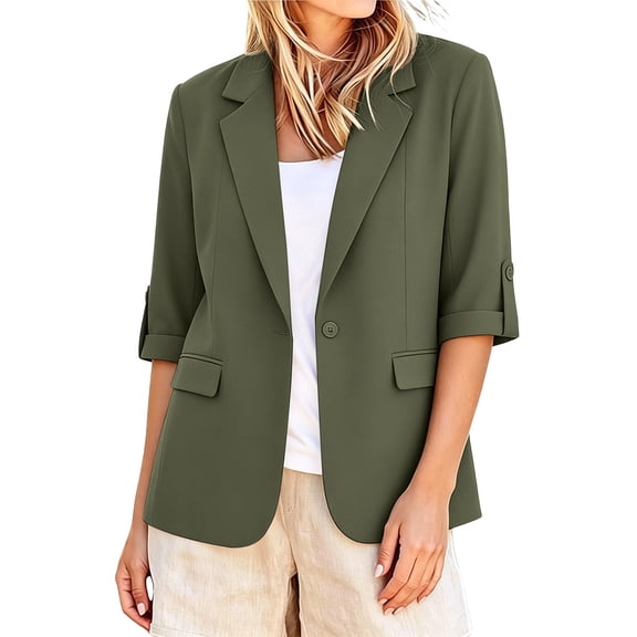 ClodeEU Women's Lapel Collar Single Button 3/4 Sleeve Blazer,Casual Office Short Suit Jacket Army Green,Women's Plus L