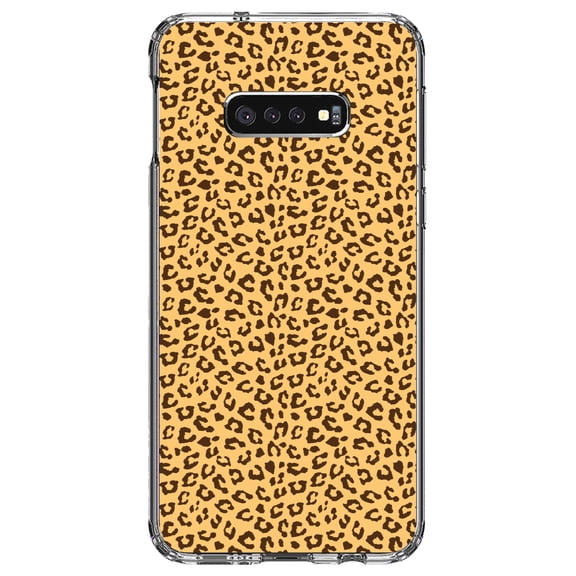 DistinctInk Clear Shockproof Hybrid Case for Samsung Galaxy S10e (5.8" Screen) - TPU Bumper, Acrylic Back, Tempered Glass Screen Protector - Beige Tan Brown Cheetah Skin Spots