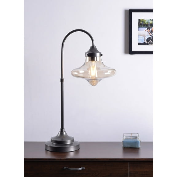 Kenroy Home Rain Drop 26.5'' LED Table Lamp with Tan Glass Novelty Shade Transitional Table Light Fixture for Living Room, Bedroom, or Office, 2700K, Warm Bronze
