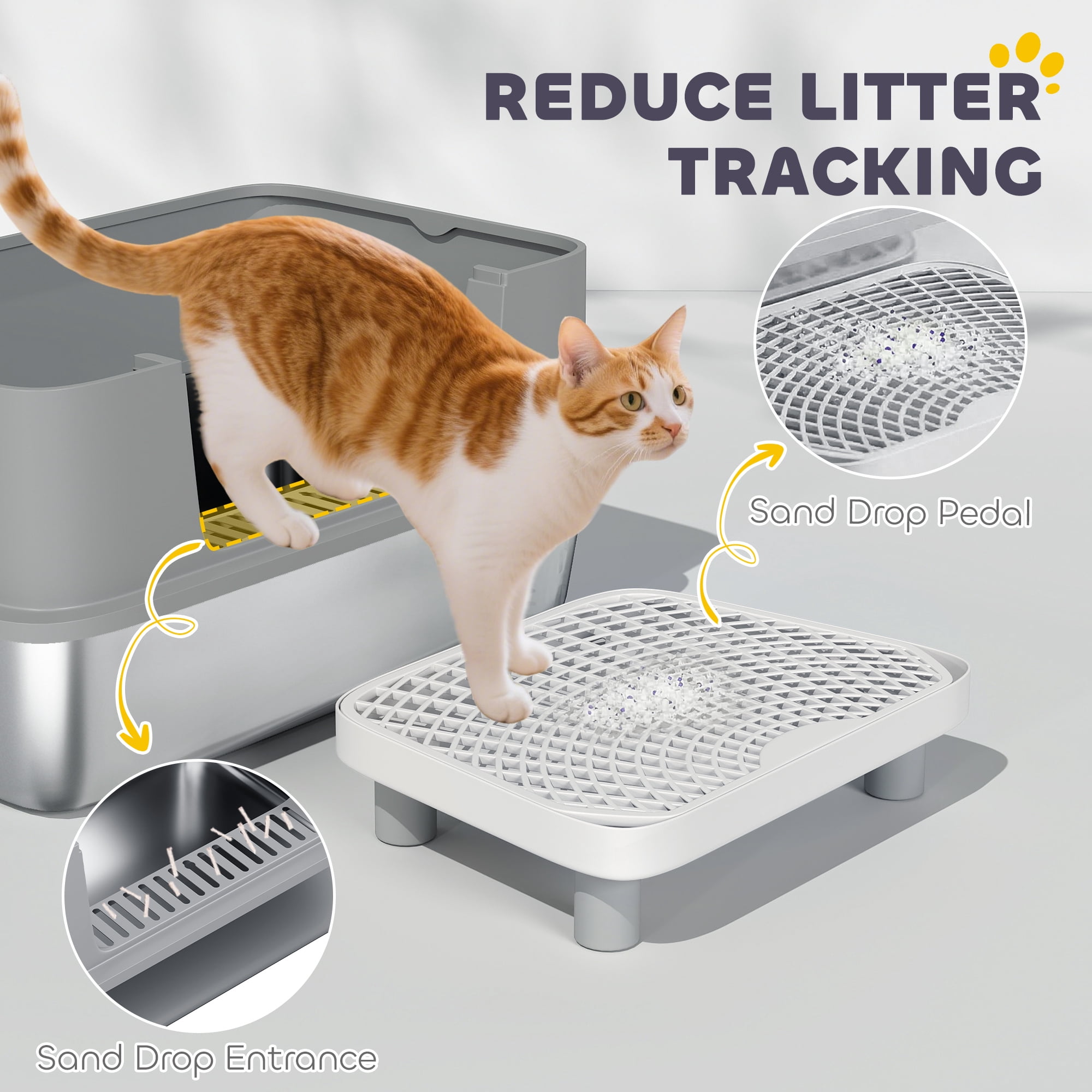 PawHut Stainless Steel Litter Box with High Sides, Extra Large Metal Cat Litter Box with Scoop, Pedal, Gray