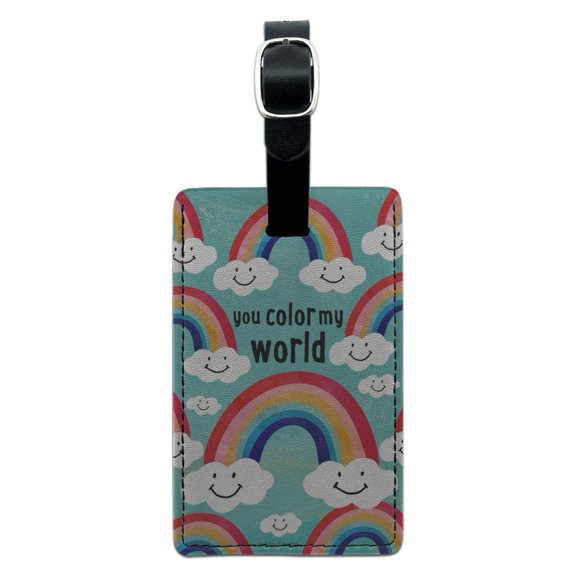 You Color My World Rainbows Happy Clouds Rectangle Leather Luggage Card Suitcase Carry-On ID Tag