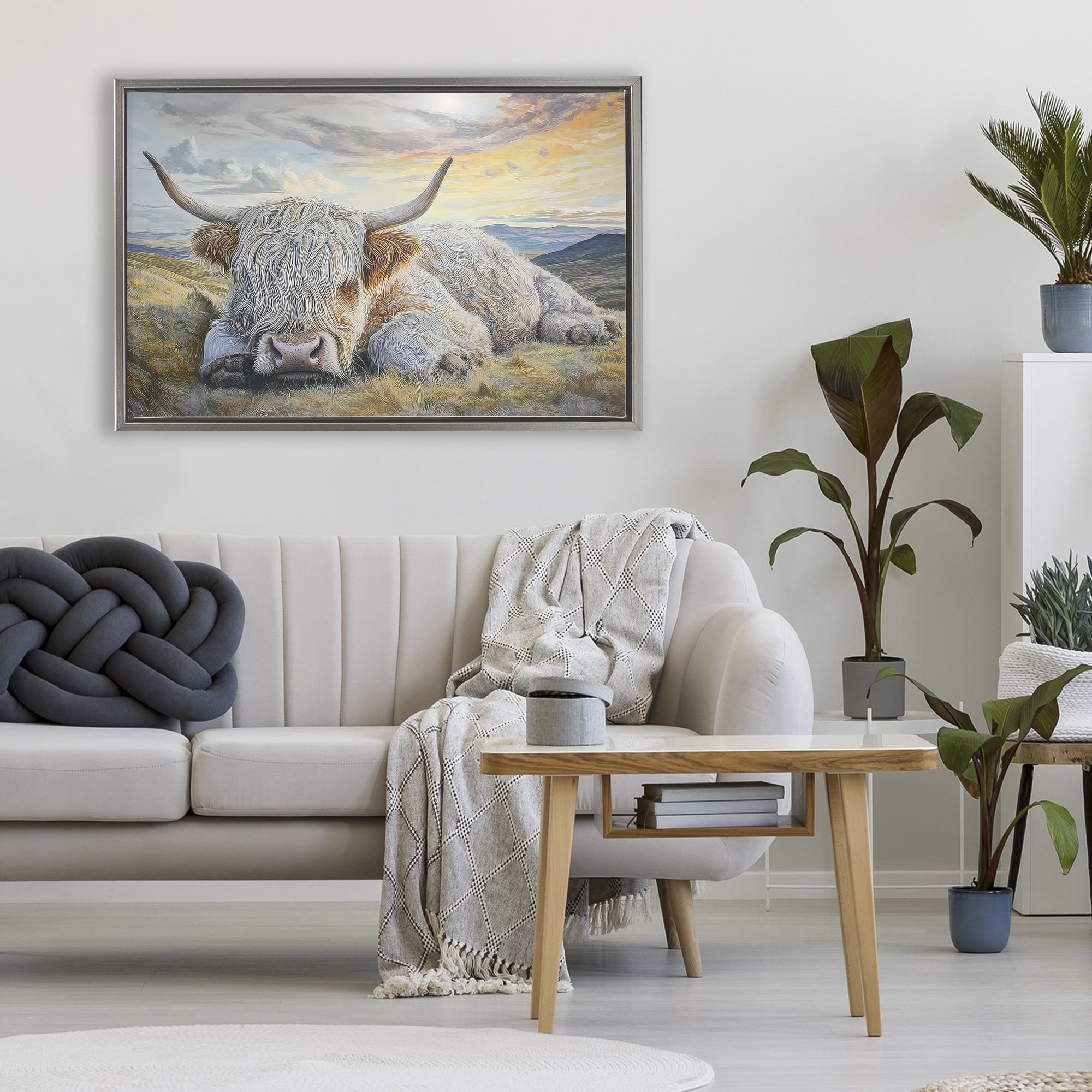 Stupell Industries Sleeping Highland Cow Pastoral Gray Framed Floater Canvas Wall Art, design by The Wands Want