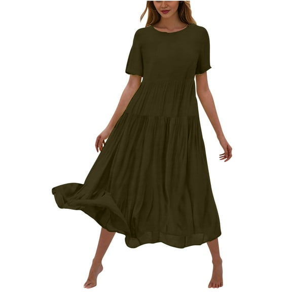 DeHolifer Women's Summer Dress Midi Crewneck Solid Color Dresses Casual Loose Trendy Ruffle Tiered Flowy Boho Beach Dress Army Green S