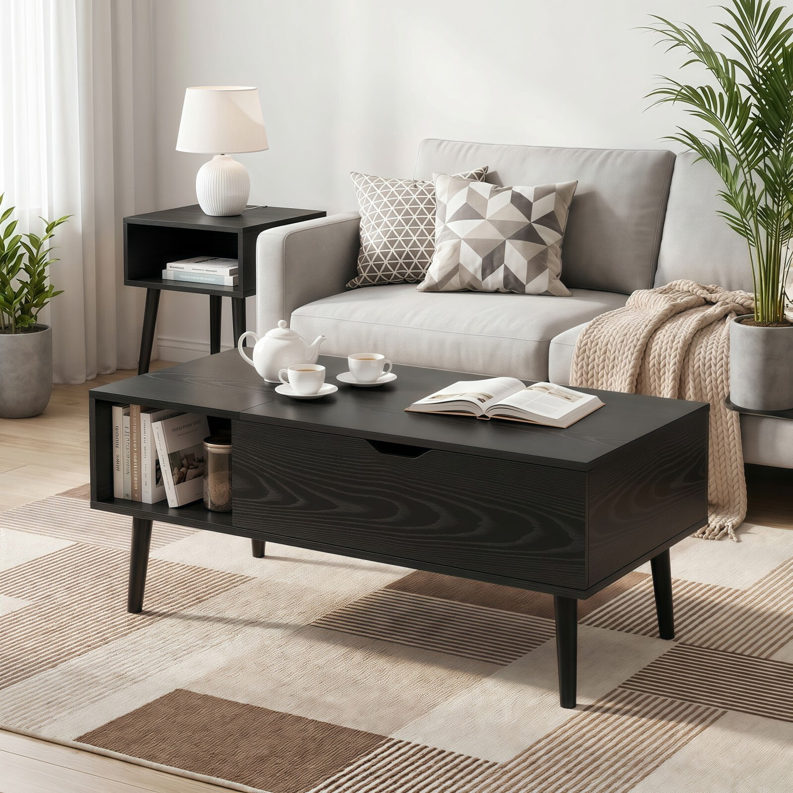 Kelno Lift Top Coffee Table with Hidden Compartment and Storage Shelves Wood Dining Center Table, Black