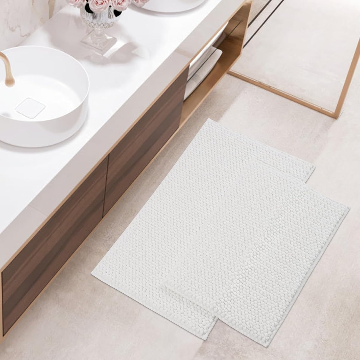FRESHMINT Chenille Bathroom Rugs 2 Piece Set 17''x24''+20''x32'', Non-Slip & Absorbent Bath Mats, Washable Shower Floor Mat, White