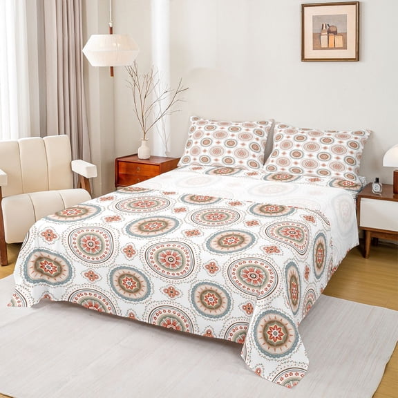 jejeloiu Earthy Mandala Queen Sheets For Men Women,Boho Print Queen Sheet Sets,Red Blue Beige,4pcs,1 Flat Sheet, 1 Fitted Sheet and 2 Pillowcases