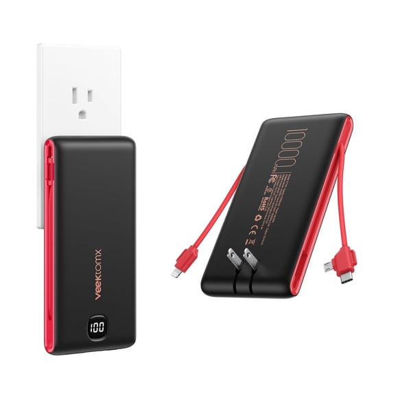 VEEKTOMX Portable Charger with Built in Cables 10000mAh, Power Bank for iPhone with AC Wall Plug, Fast Charging USB C Slim Battery Pack with LED Display Co