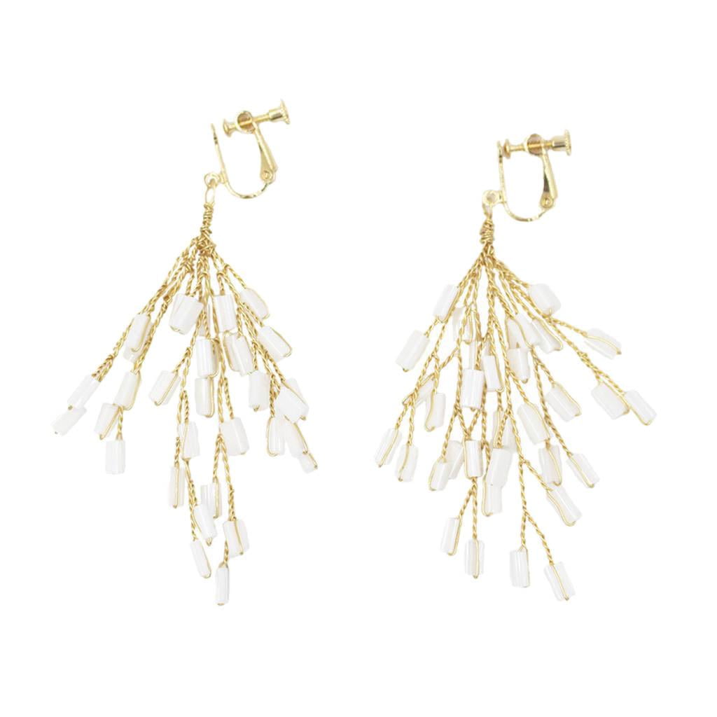 Clip On Dangling Earrings NonPiercing Beads Long Tassel Drop Earrings