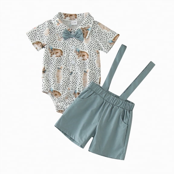 Kaprioy My First Easter Baby Boy Outfit Boys Eeaster Outfit Summer Short Sleeve Rabbit Prints Bowtie Romper Suspender Shorts 2PCS Outfits Clothes Set Gentlemen's Easter Suit