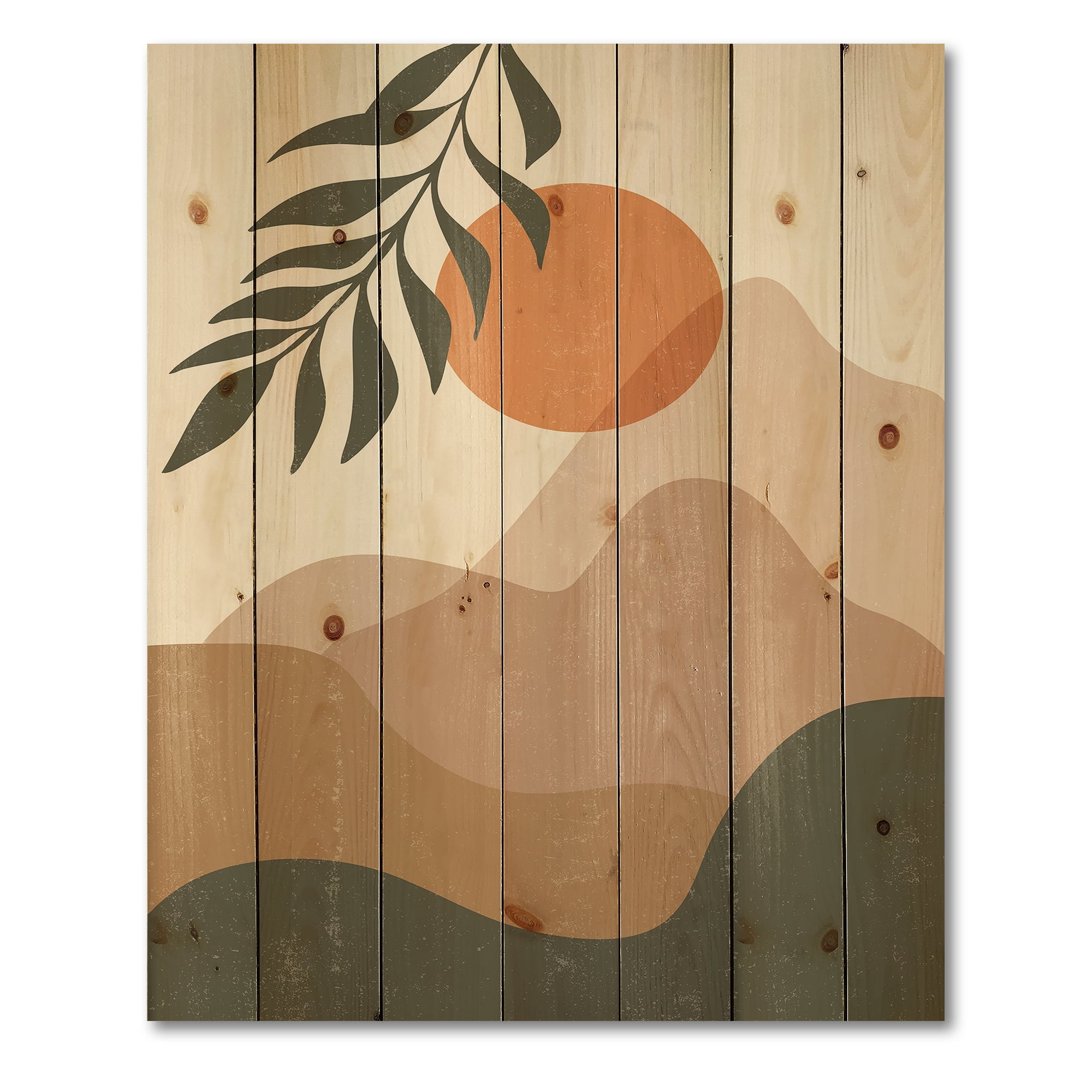 Designart 'Abstract Earth Toned Mountains With Red Moon I' Modern Print on Natural Pine Wood