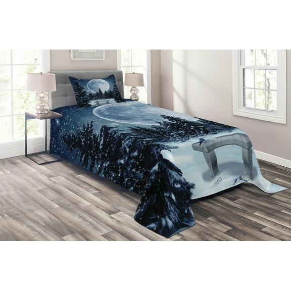 Ambesonne White Quilted Coverlet 2 Pcs, Moonlight Forest Bird, Twin Size, Blue White