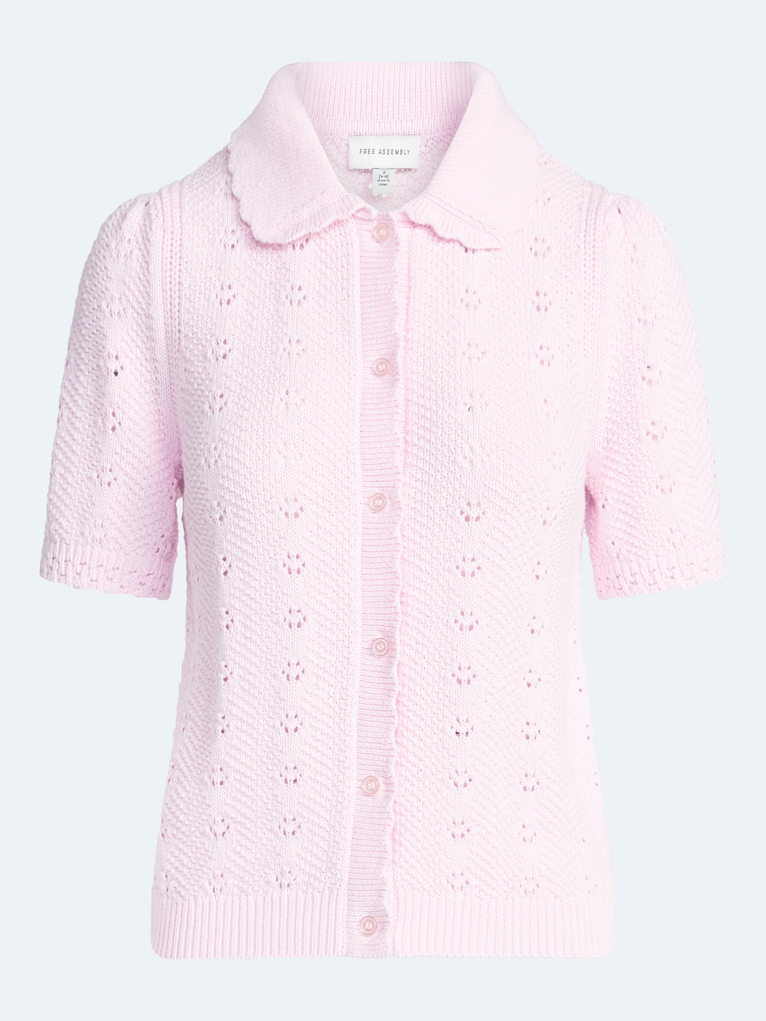 Free Assembly Women's and Women's Plus Cotton Pointelle Cardigan Sweater with Short Sleeves, Lightweight, Sizes XS-4X