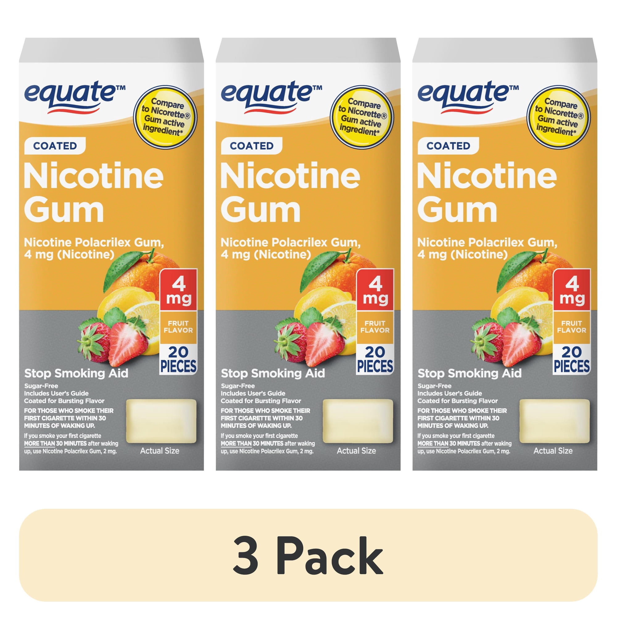 (3 pack) Equate Coated Nicotine Polacrilex Gum 4 mg (nicotine), Fruit Flavor, 20 Count