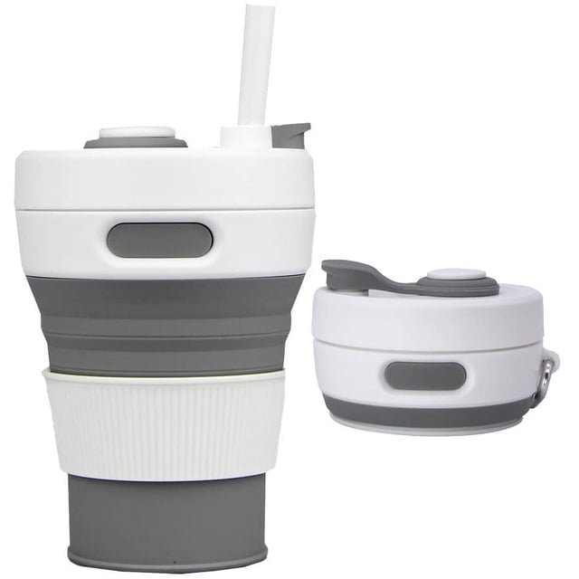 Hopfällbar Campingmugg med Sugrör Silikon Vikbar Kaffekopp Sportflaska Bärbar Rese Utomhus Bil 450ml (Grå)