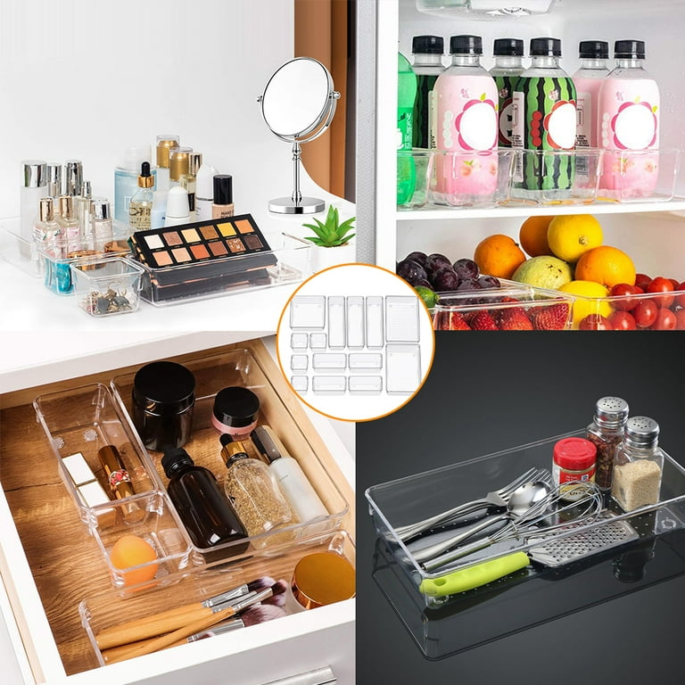 OROMYO 13pcs Desk Drawer Divider Clear Storage Box Make up Cosmetics  Organiser Transparent Tidy Tray for Home Office Kitchen Table 