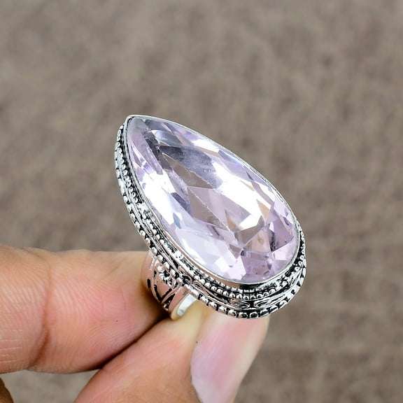 925 Sterling Silver Pink Kunzite Genstone Handmade Jewelry Ring Size 6