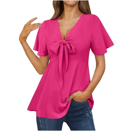 Yyeselk Sexy Women Deep V-Neck Shirts Leisure Bow Tie Front Ruffle Short Sleeves Long Blouses Asymmetric Hem Pure Color Satin Silk Babydoll Summer Tops Hot Pink L
