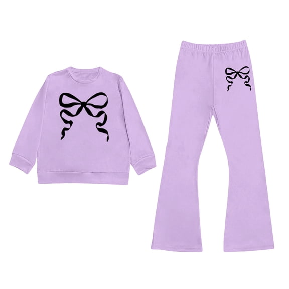Girls 2 Piece Pants Set Bow Print Casual Girl Clothes Matching Sets Size 12 Long Sleeve Sweatshirt with Flare Leg Pants(Size 8-9 Years,Light Purple)