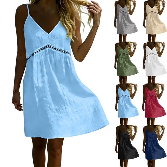 Afuyipoi Womens 100% Cotton V-Neck Spaghetti Strap Dress, Deep V-Neck Lace Waist A-Line Midi Dress, Soft Breathable Loose Casual Summer Beach Dress For Women Green Size S