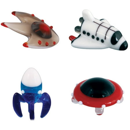 BrainStorm Looking Glass Miniature Glass Figurines, 4-Pack, Lightyear Spaceship/Adventure Space Shuttle/Blast Off Rocket/UFO Flying Saucer
