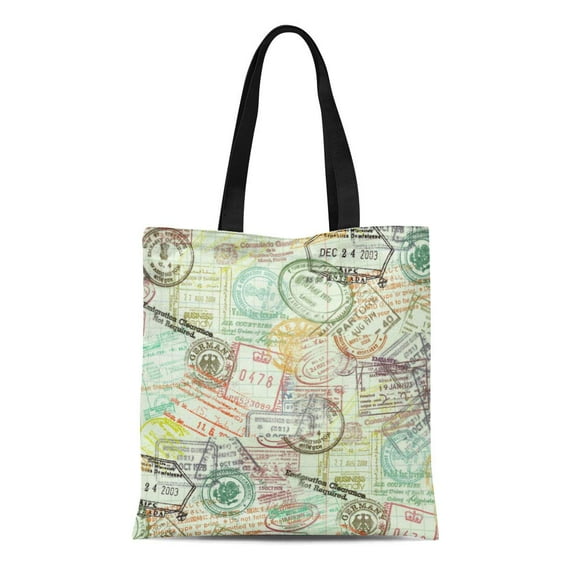 POGLIP Canvas Tote Bag Cool Passport Stamps Travel Pattern Vacation Backpacker Flight Customs Reusable Handbag Shoulder Grocery Shopping Bags