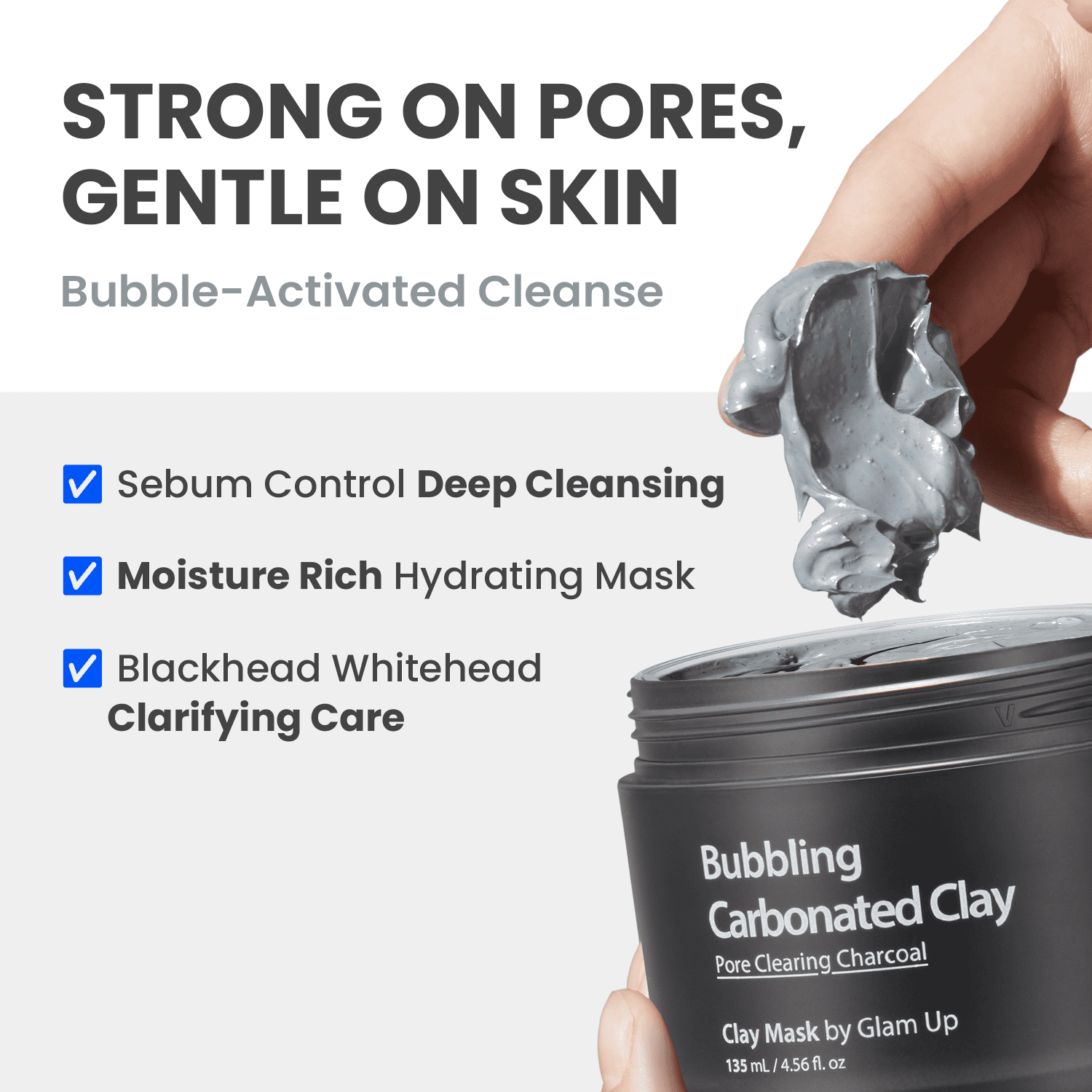 GLAM UP Clean Bubbling Carbonated Clay Mask for Face Purifying- Blackhead Remover, Peel Off, Pore Clearing, Deep Cleansing, Detoxing Bubble Clay Mask, Vegan 135ml (4.56 Fl Oz)